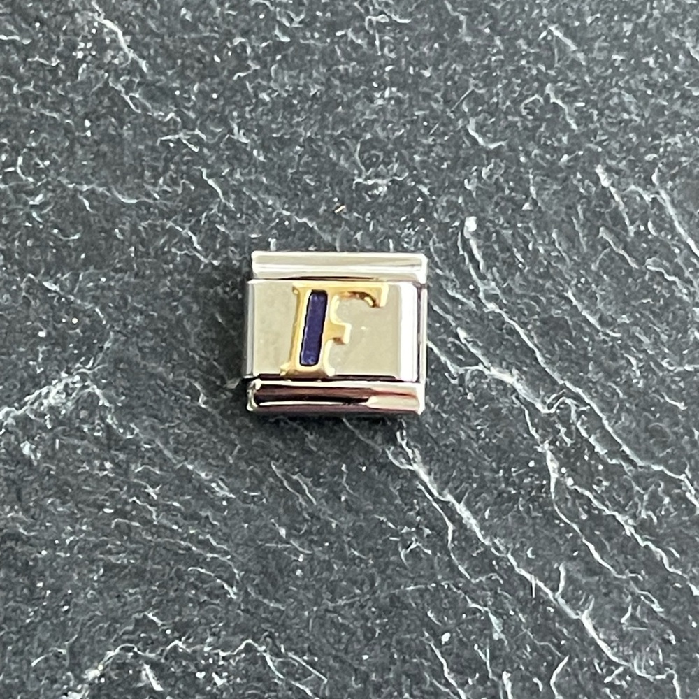 Zoppini Stainless Steel and Gold Blue Enameled F initial charm link